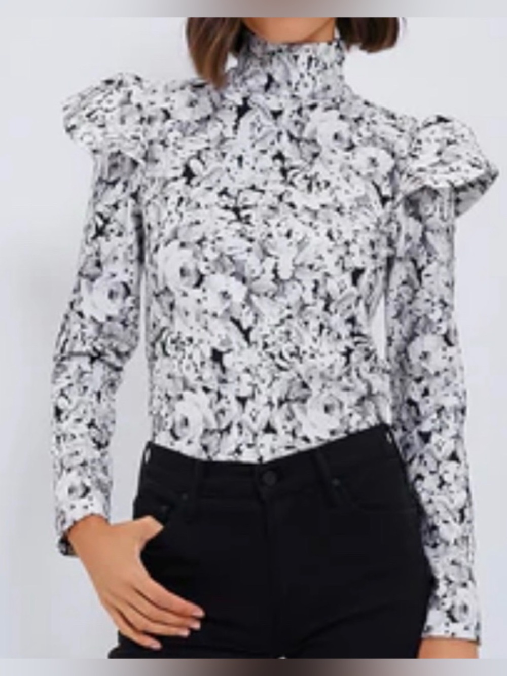 Tuckernuck Bowden Gray Gardens Floral Ruffle Mock Neck Statement Top XS NWT